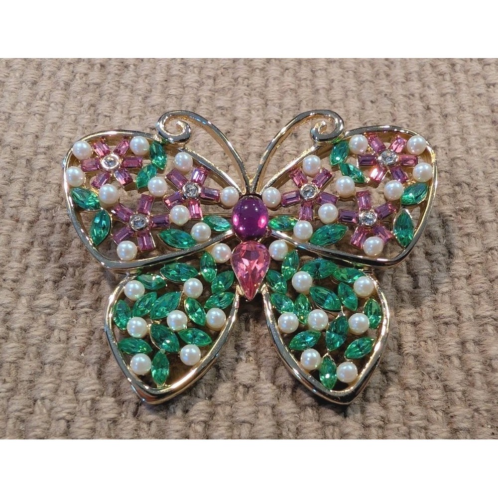 Givenchy Vintage Gold Tone Faux Pearls Art Glass Crystals Butterfly Brooch